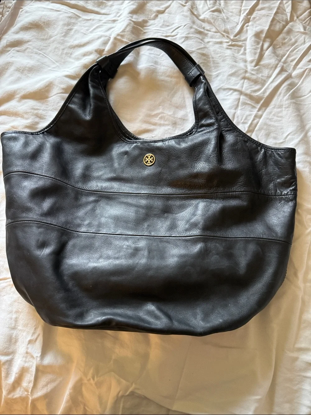 Tory Burch Black Leather Shoulder Tote with Gold Logo